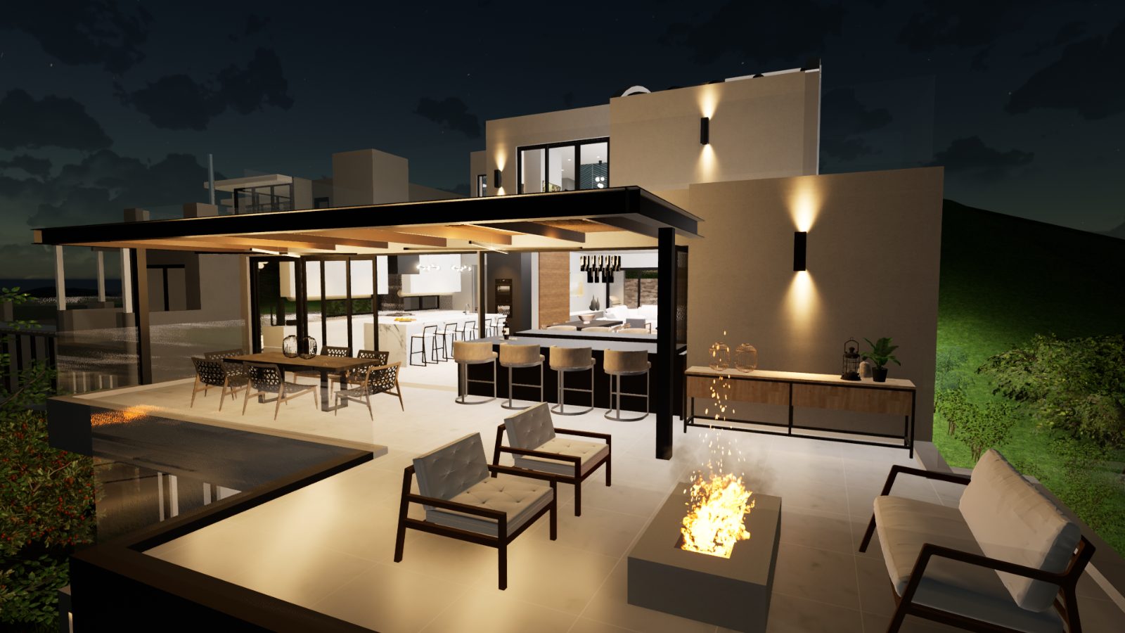 Rooftop lounge with fire pit at night